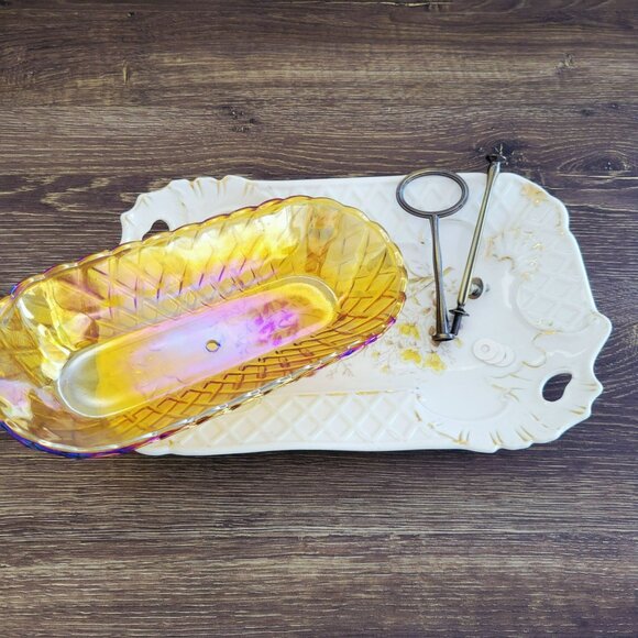 Unique Mismatched 2-Tiered Dessert Stand, Floral & Iridescent Orange Glass - Picture 2 of 16